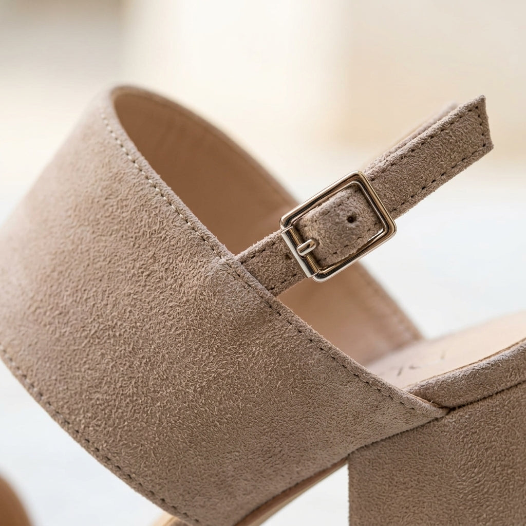 RENATA™ • Sandalia de Tacón Ante Premium Beige | Calzado de Autor