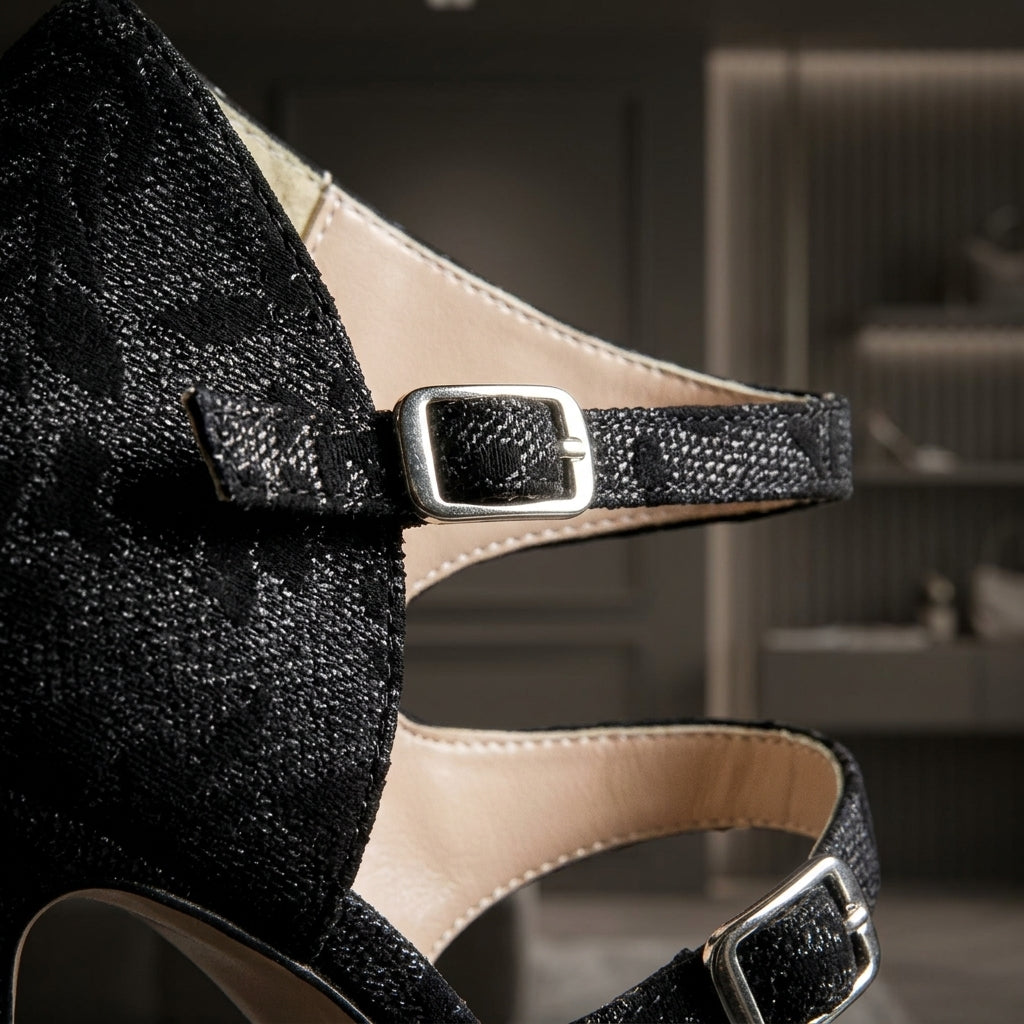 AGATA™ • Sandalia de Tacón Alto Tejido Floral Negro | Calzado de Autor
