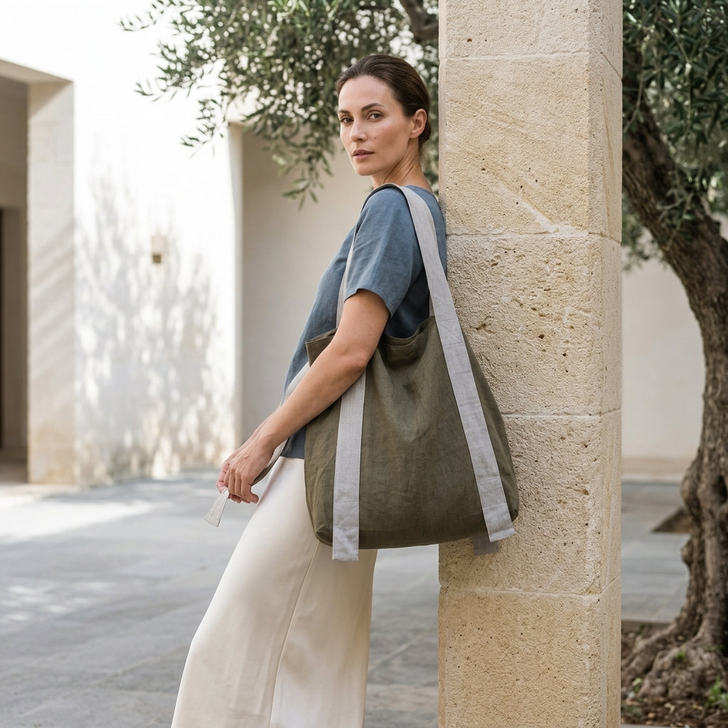 BRUNELLA™ • Bolsa Tote de Lino Europeo Bicolor Verde Safari y Menta | Accesorios de Autor