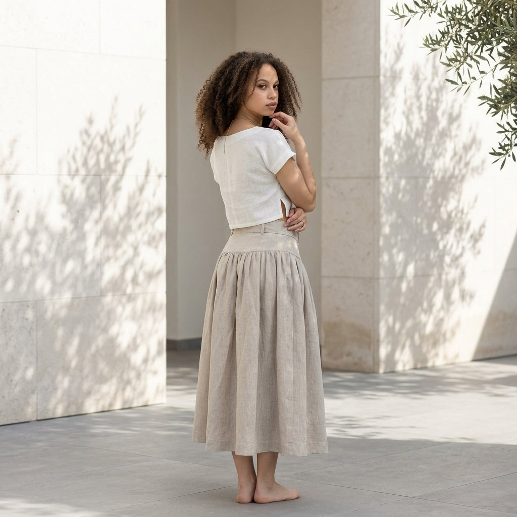 VINCENZA™ • Set Taormina | Crop Top y Falda Midi en Lino Europeo de Primera Calidad