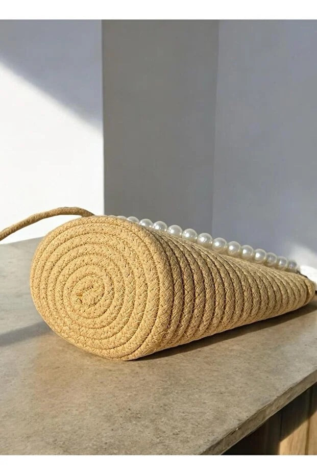 SIMONETTA™ • Bolso de Hombro Tejido Perlas Latte Minimal | Accesorios de Autor
