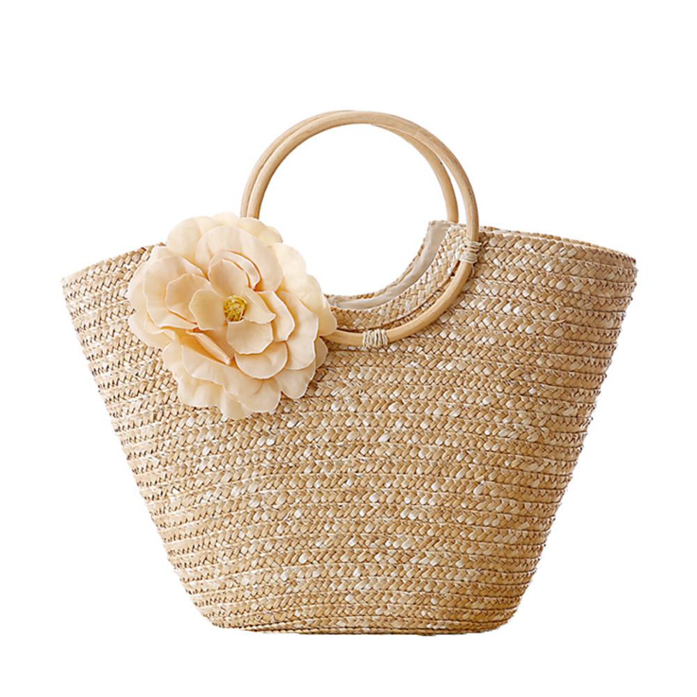 ROSA™ • Bolso Tote de Paja Trenzada con Flor y Asas de Madera | Accesorios de Autor