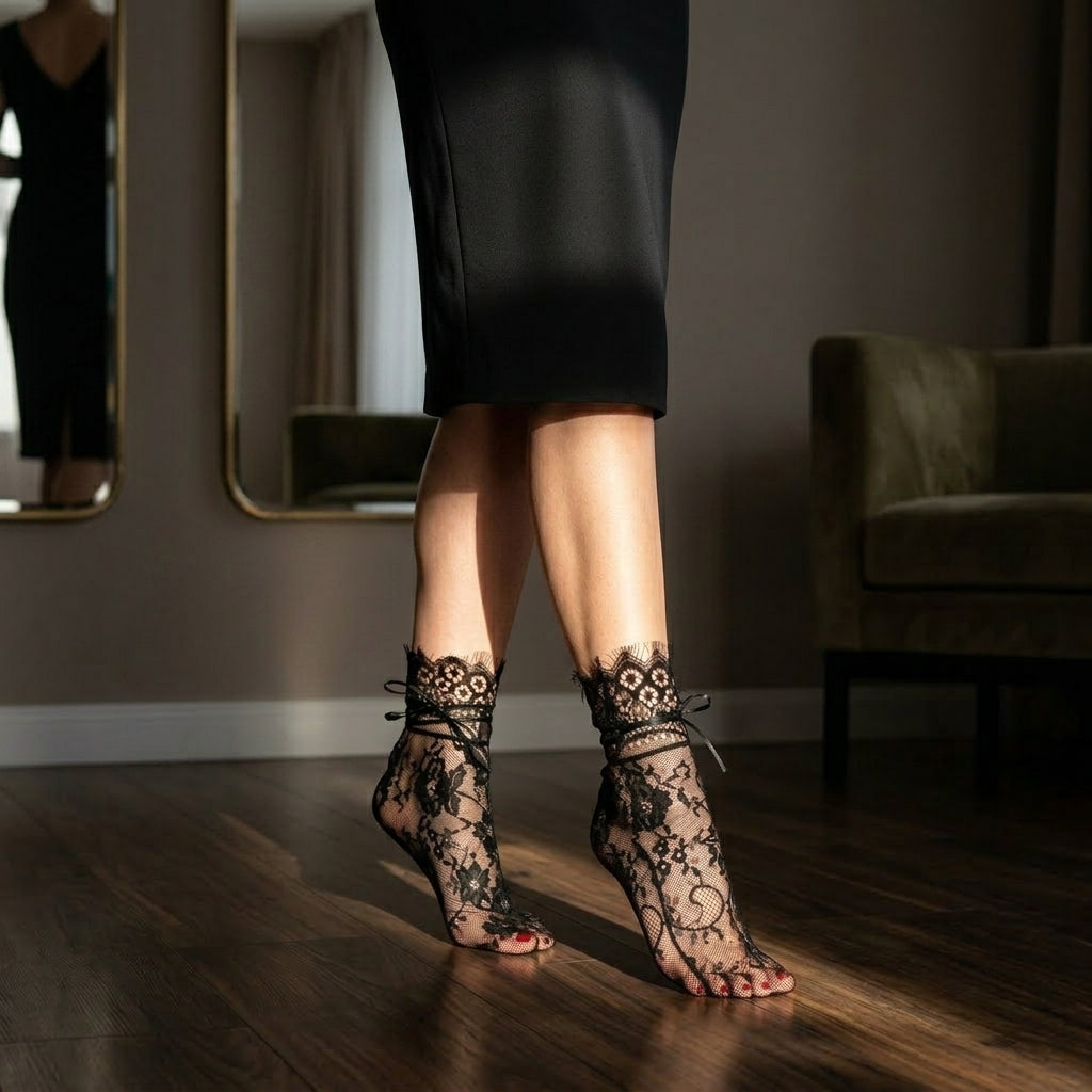 SILVIA™ • Calcetines de Encaje Negro con Lazo | Accesorios