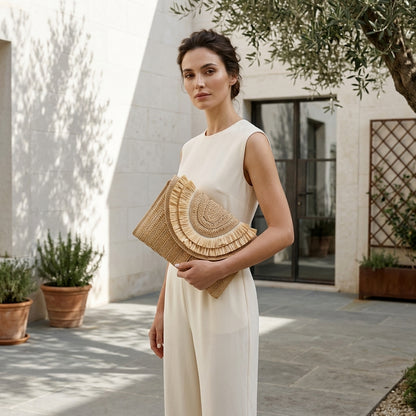 VIVIANA™ • Bolso Clutch Rafia Trenzada Boho Natural | Accesorios de Autor