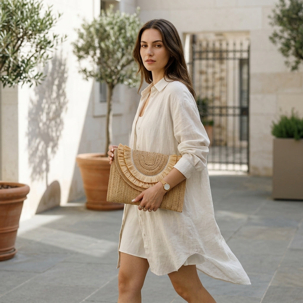 VIVIANA™ • Bolso Clutch Rafia Trenzada Boho Natural | Accesorios de Autor
