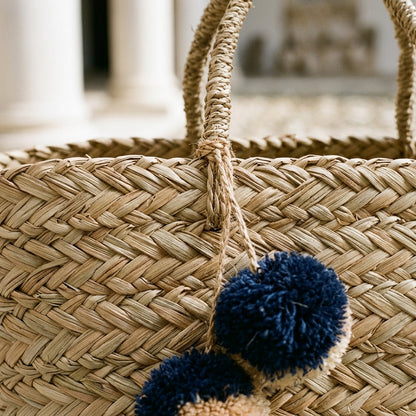 LISABETTA™ • Bolso Playa Rafia Natural Tejida a Mano con Pompones | Accesorios de Autor