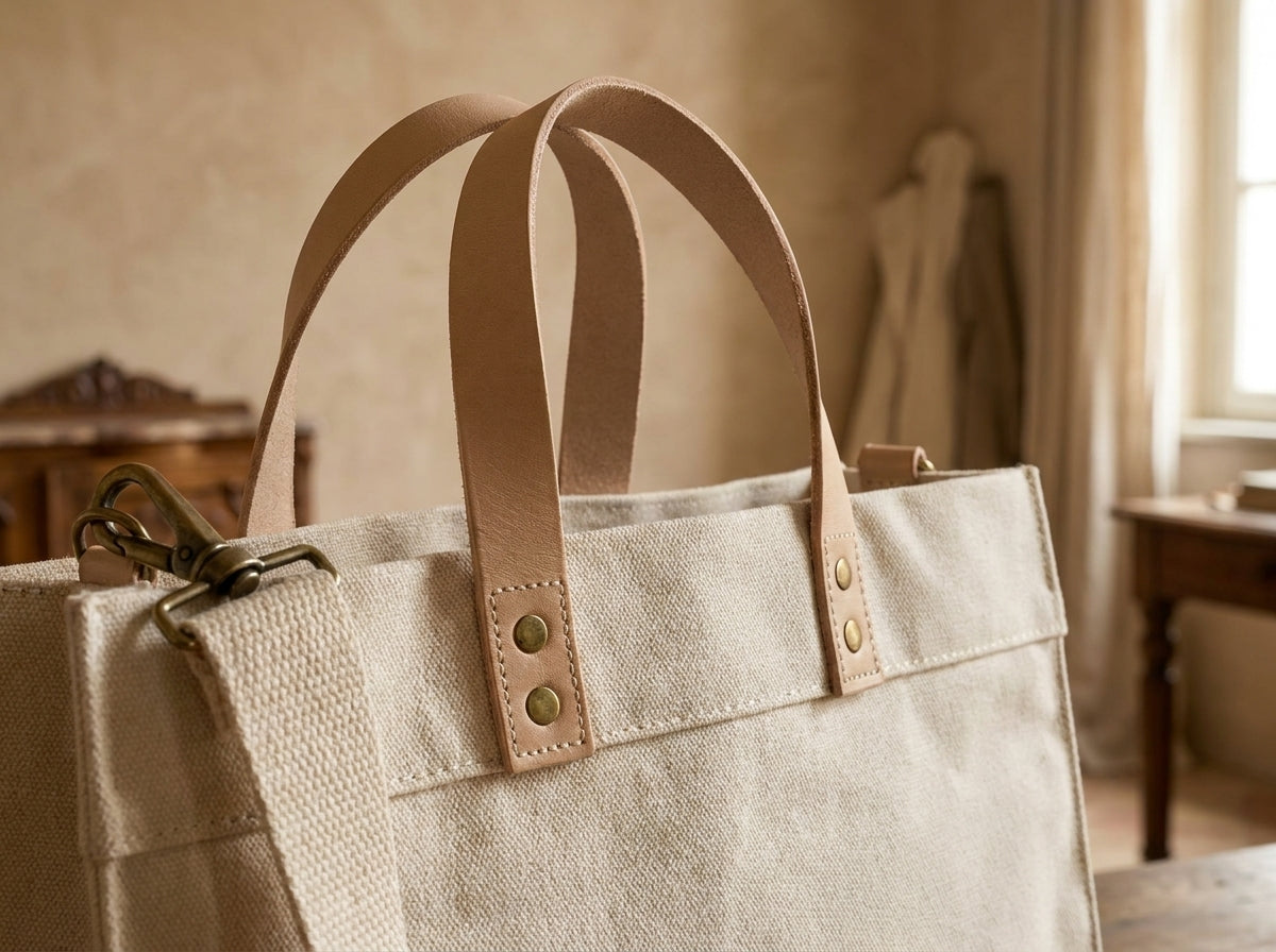 FLAVIA™ • Mini Bolso Tote Box Canvas Natural Asa Cuero | Accesorios de Autor