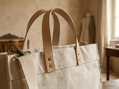 FLAVIA™ • Mini Bolso Tote Box Canvas Natural Asa Cuero | Accesorios de Autor