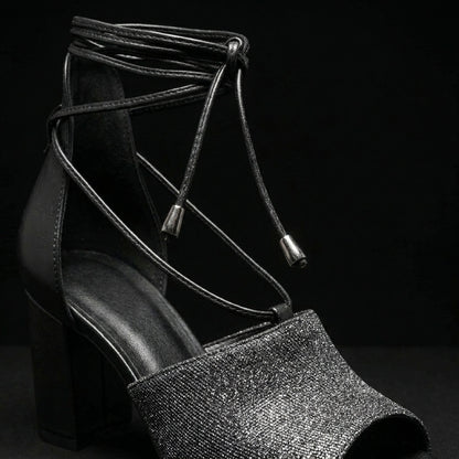 TEODORA™ • Sandalia de Tacón Alto Piel Premium Negro Plata | Calzado de Autor