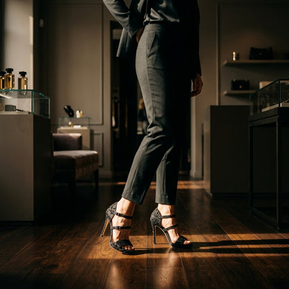 AGATA™ • Sandalia de Tacón Alto Tejido Floral Negro | Calzado de Autor