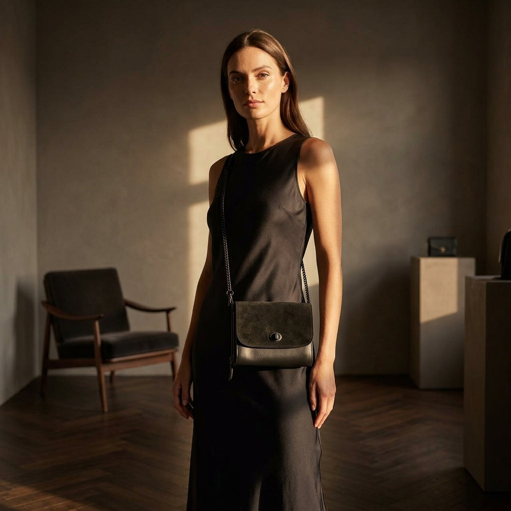 FLORIANA™ • Mini Bolso Crossbody Piel y Ante Bicolor Cadena Extraíble | Accesorios de Autor