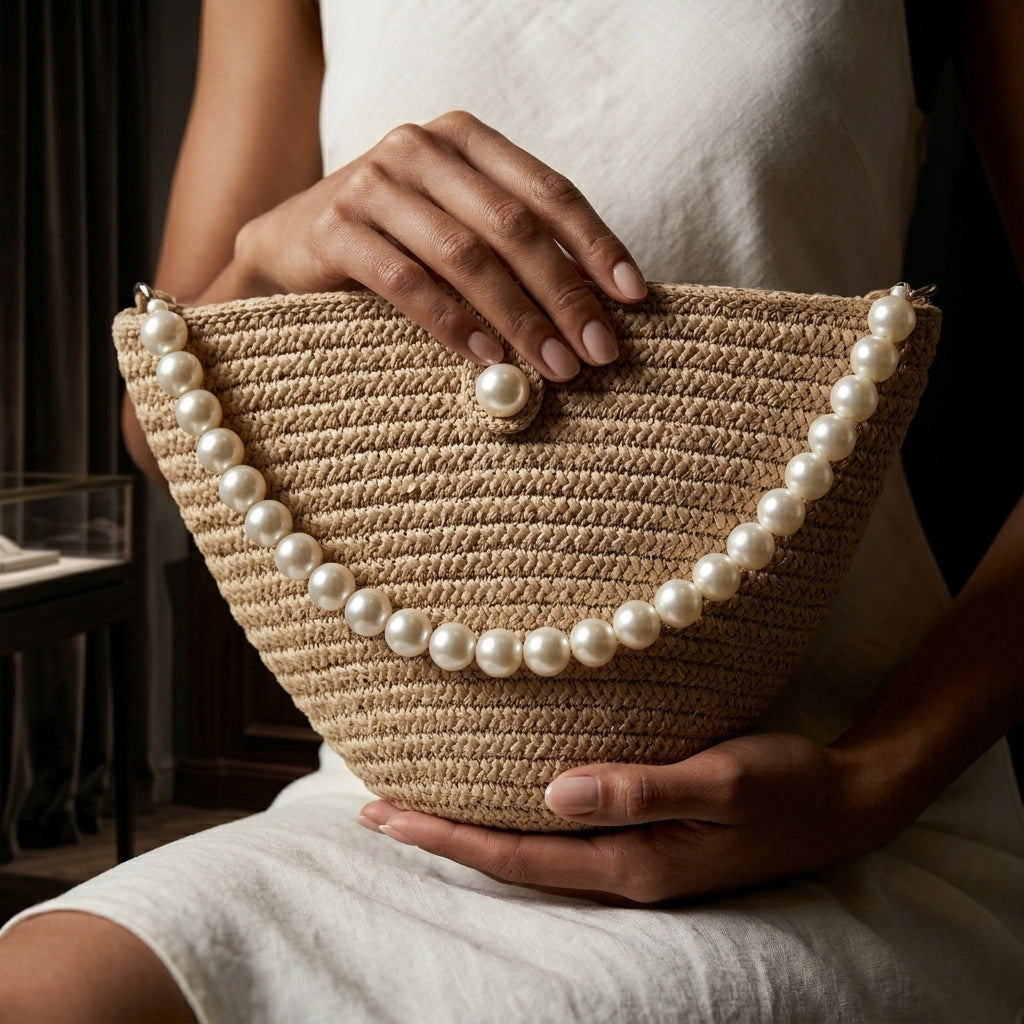JOLANDA™ • Bolso de Hombro Tejido Perlas Marrón Oscuro Minimal | Accesorios de Autor