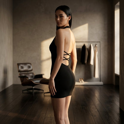 LETIZIA™ • Vestido Mini Halter Espalda Descubierta Negro