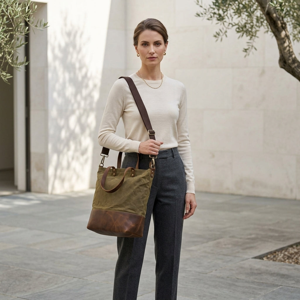 YLENIA™ • Bolso Tote Canvas y Piel Genuina Correa Extraíble | Accesorios de Autor