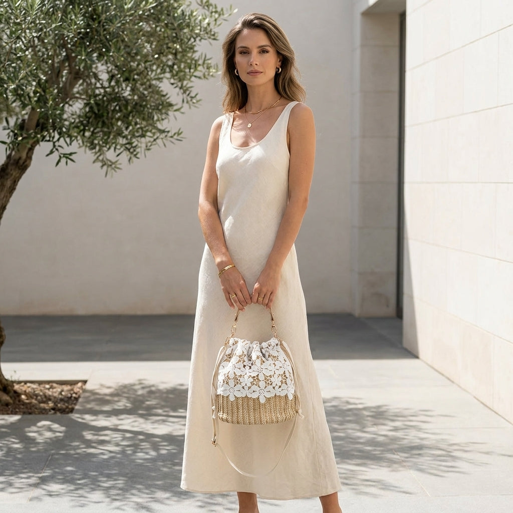 ALBA™ • Bolso Crossbody Bucket Paja Natural con Encaje | Accesorios de Autor