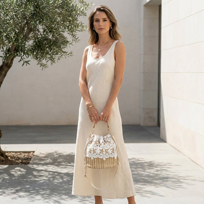 ALBA™ • Bolso Crossbody Bucket Paja Natural con Encaje | Accesorios de Autor