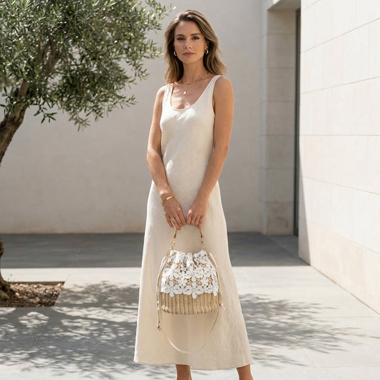 ALBA™ • Bolso Crossbody Bucket Paja Natural con Encaje | Accesorios de Autor