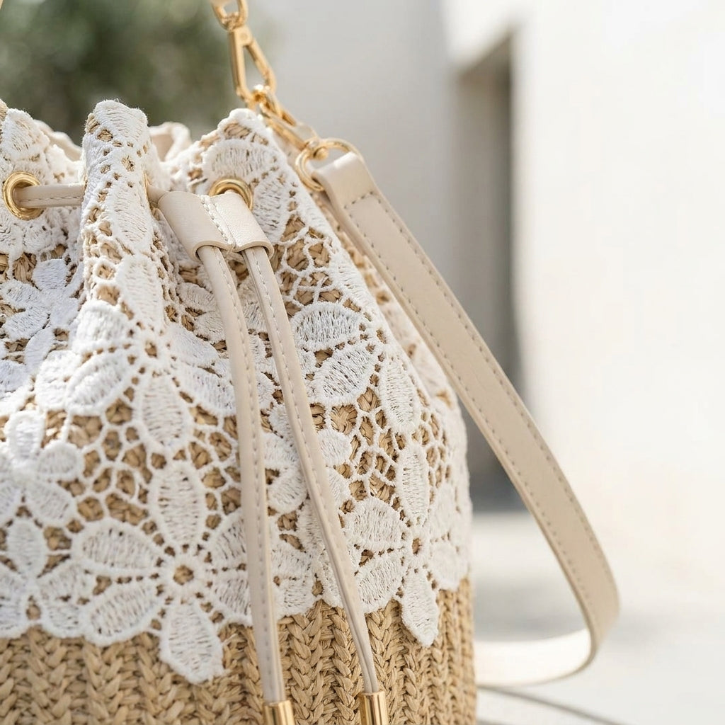 ALBA™ • Bolso Crossbody Bucket Paja Natural con Encaje | Accesorios de Autor