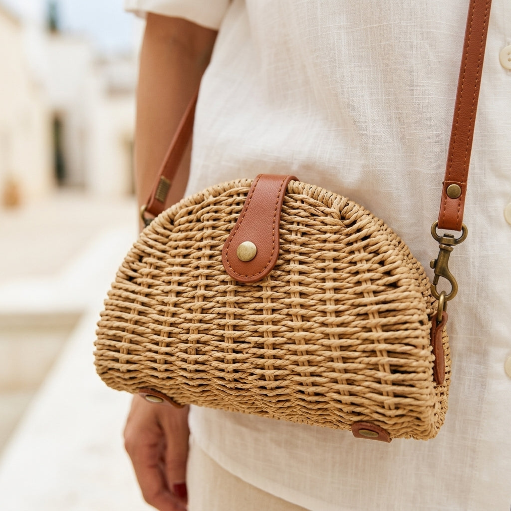 GEMMA™ • Mini Bolso Crossbody Oval Paja Natural Verano | Accesorios de Autor