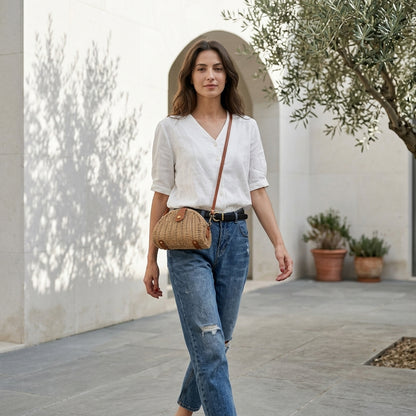 GEMMA™ • Mini Bolso Crossbody Oval Paja Natural Verano | Accesorios de Autor
