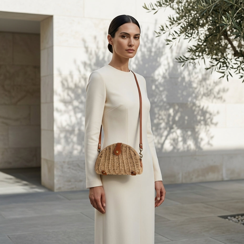 GEMMA™ • Mini Bolso Crossbody Oval Paja Natural Verano | Accesorios de Autor