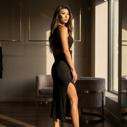 MIRIAM™ • Vestido Negro Cut-Out Reversible Punto Acanalado | Moda de Autor