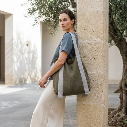 BRUNELLA™ • Bolsa Tote de Lino Europeo Bicolor Verde Safari y Menta | Accesorios de Autor