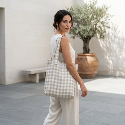 GRAZIELLA™ • Bolsa Weekender de Lino Europeo Cuadros Natural y Blanco | Accesorios de Autor