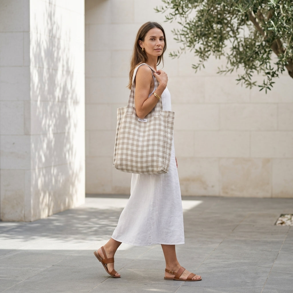 GRAZIELLA™ • Bolsa Weekender de Lino Europeo Cuadros Natural y Blanco | Accesorios de Autor