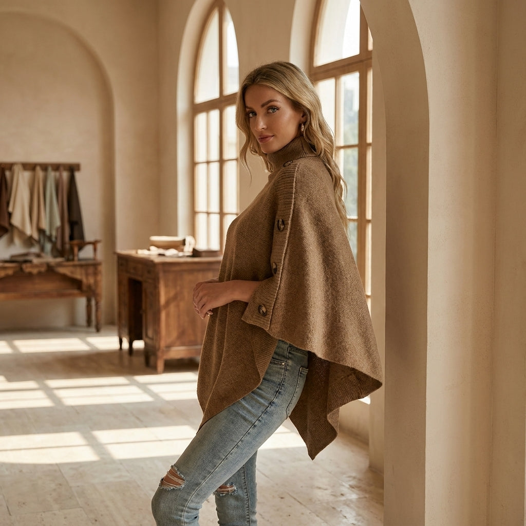 IDA™ • Poncho de Cuello Alto con Botones Laterales