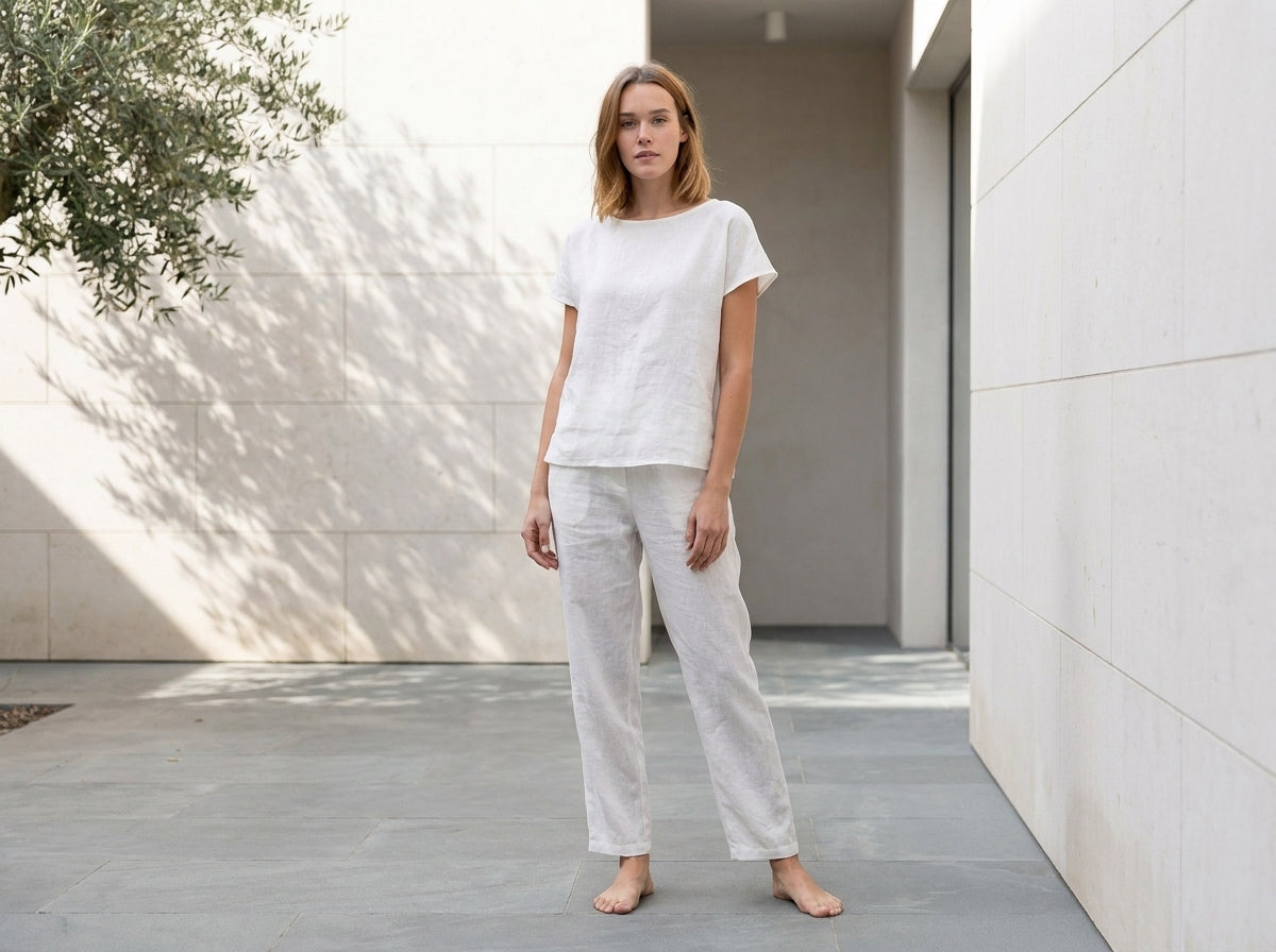 MARCELLA™ • Pijama de Lino Blanco | Loungewear Europeo de Primera Calidad