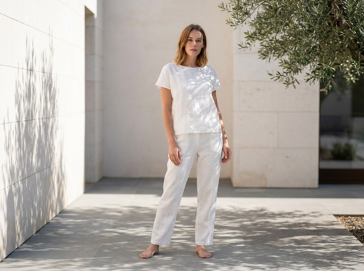 MARCELLA™ • Pijama de Lino Blanco | Loungewear Europeo de Primera Calidad