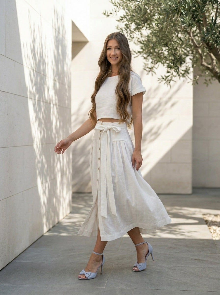 CARMELA™ • Set Taormina | Crop Top y Falda Midi en Lino Europeo