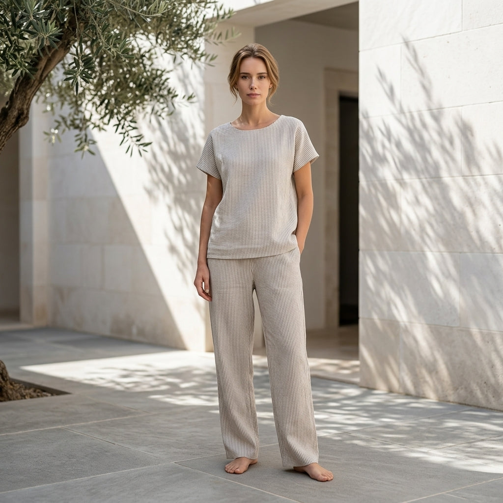 DARIA™ • Pijama de Lino Beige Rayas | Loungewear Europeo de Primera Calidad