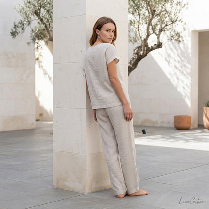 DARIA™ • Pijama de Lino Beige Rayas | Loungewear Europeo de Primera Calidad