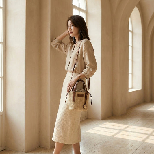 MATILDE™ • Bolso Bucket de Paja con Asa de Piel Vegana | Accesorios de Autor