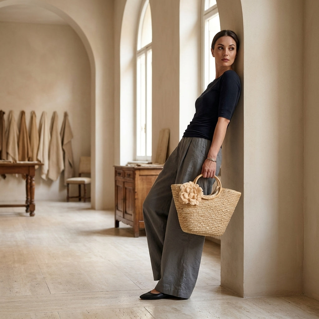 ROSA™ • Bolso Tote de Paja Trenzada con Flor y Asas de Madera | Accesorios de Autor