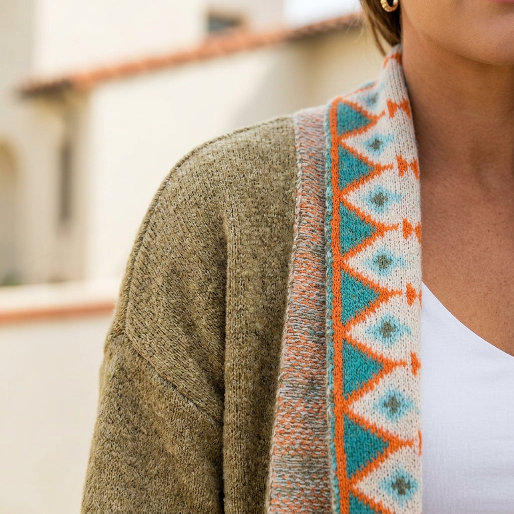 LUCREZIA™ • Cárdigan Abierto de Punto con Estampado Étnico