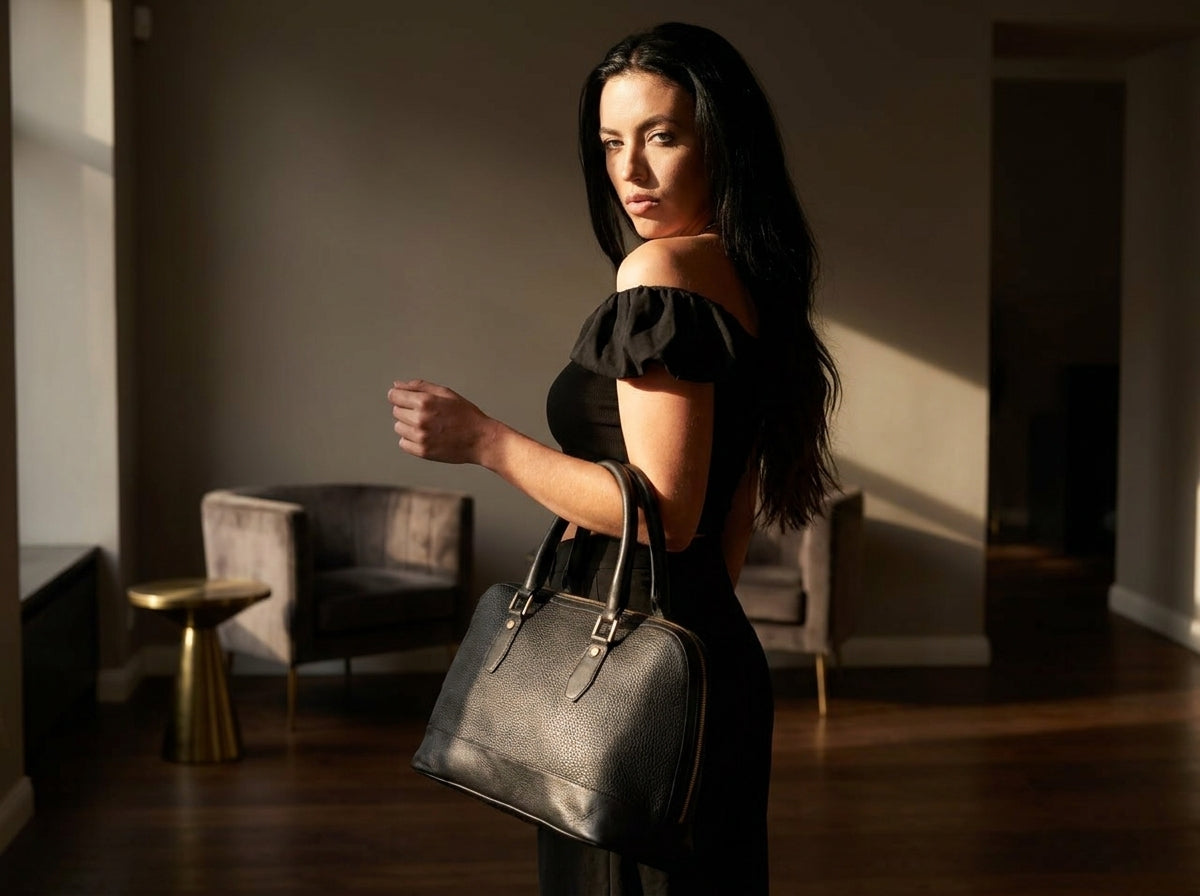 DIANA™ • Bolso Satchel Piel Genuina Pebble Negro Cremallera | Accesorios de Autor