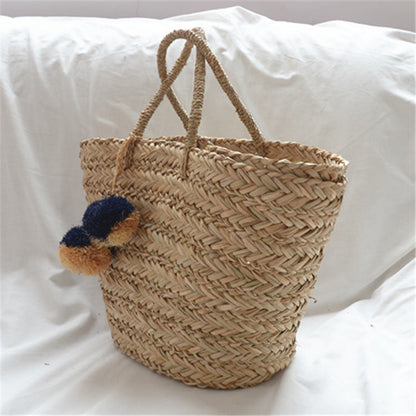 LISABETTA™ • Bolso Playa Rafia Natural Tejida a Mano con Pompones | Accesorios de Autor