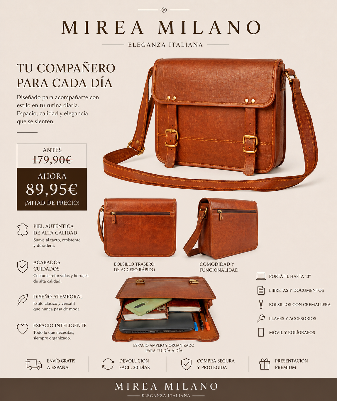 ORNELLA™ • Bolso Portátil Crossbody Artesanal Piel Genuina | Accesorios de Autor