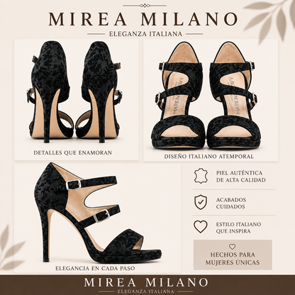 AGATA™ • Sandalia de Tacón Alto Tejido Floral Negro | Calzado de Autor