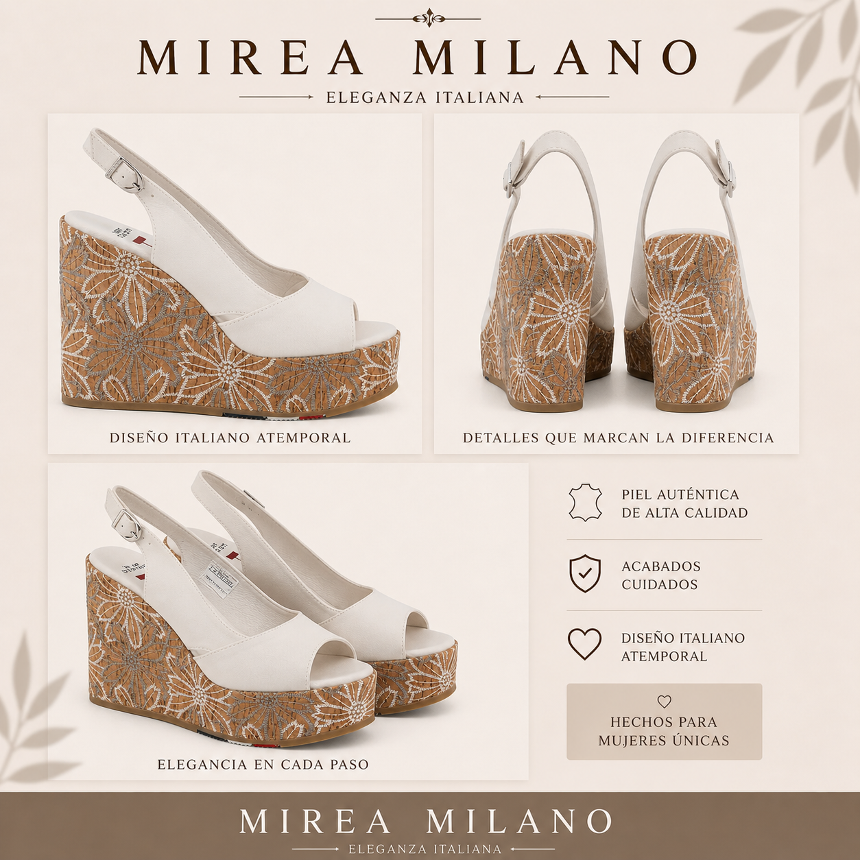 MARTINA™ • Cuña Blanca con Bordados | Calzado de Autor