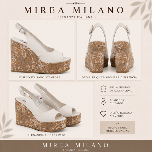 MARTINA™ • Cuña Blanca con Bordados | Calzado de Autor