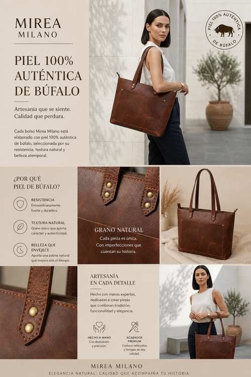 OTTAVIA™ • Bolso Tote Grande Piel Genuina Búfalo con Cremallera | Accesorios de Autor