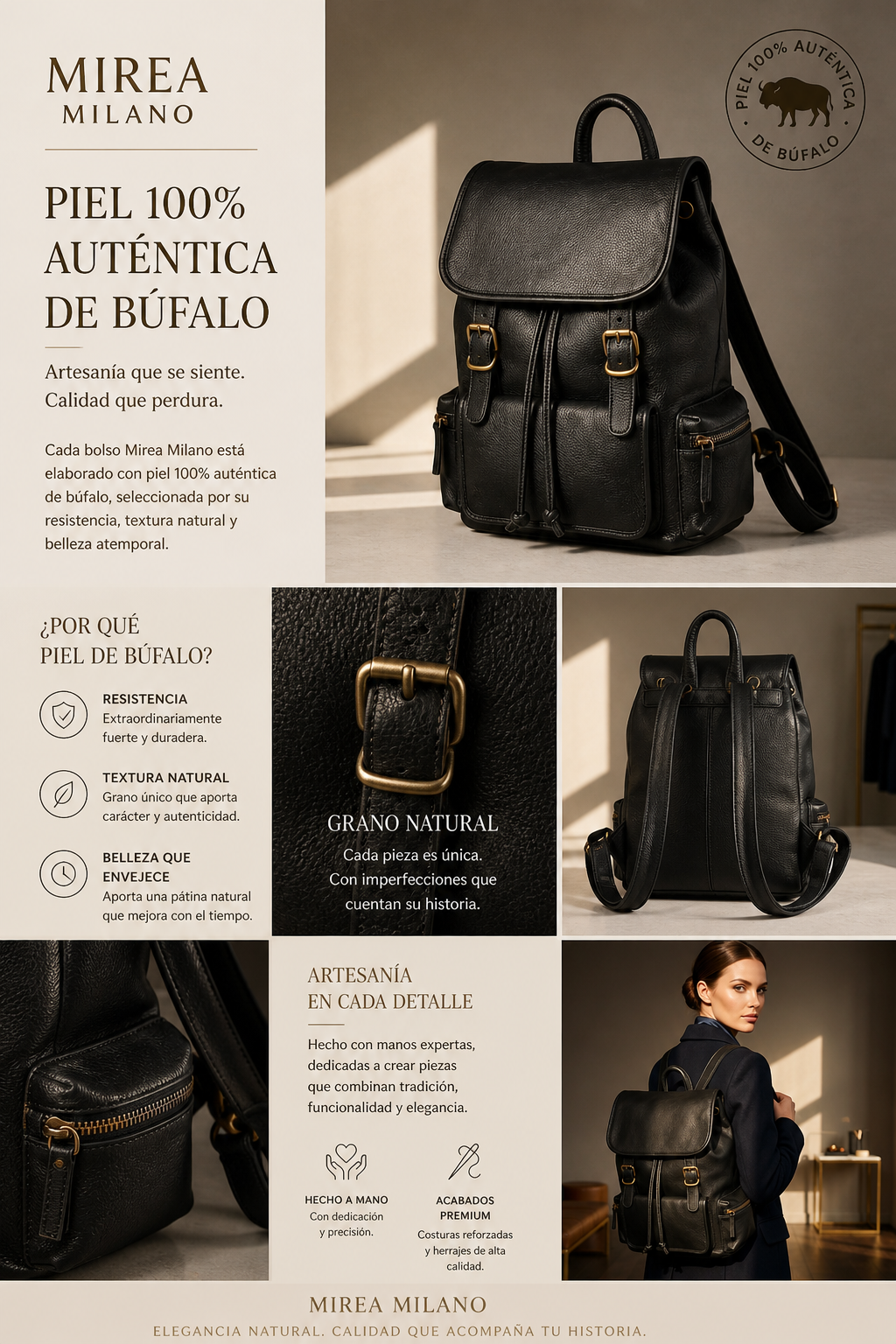 PAOLA™ • Mochila Artesanal Piel Genuina Búfalo Unisex | Accesorios de Autor