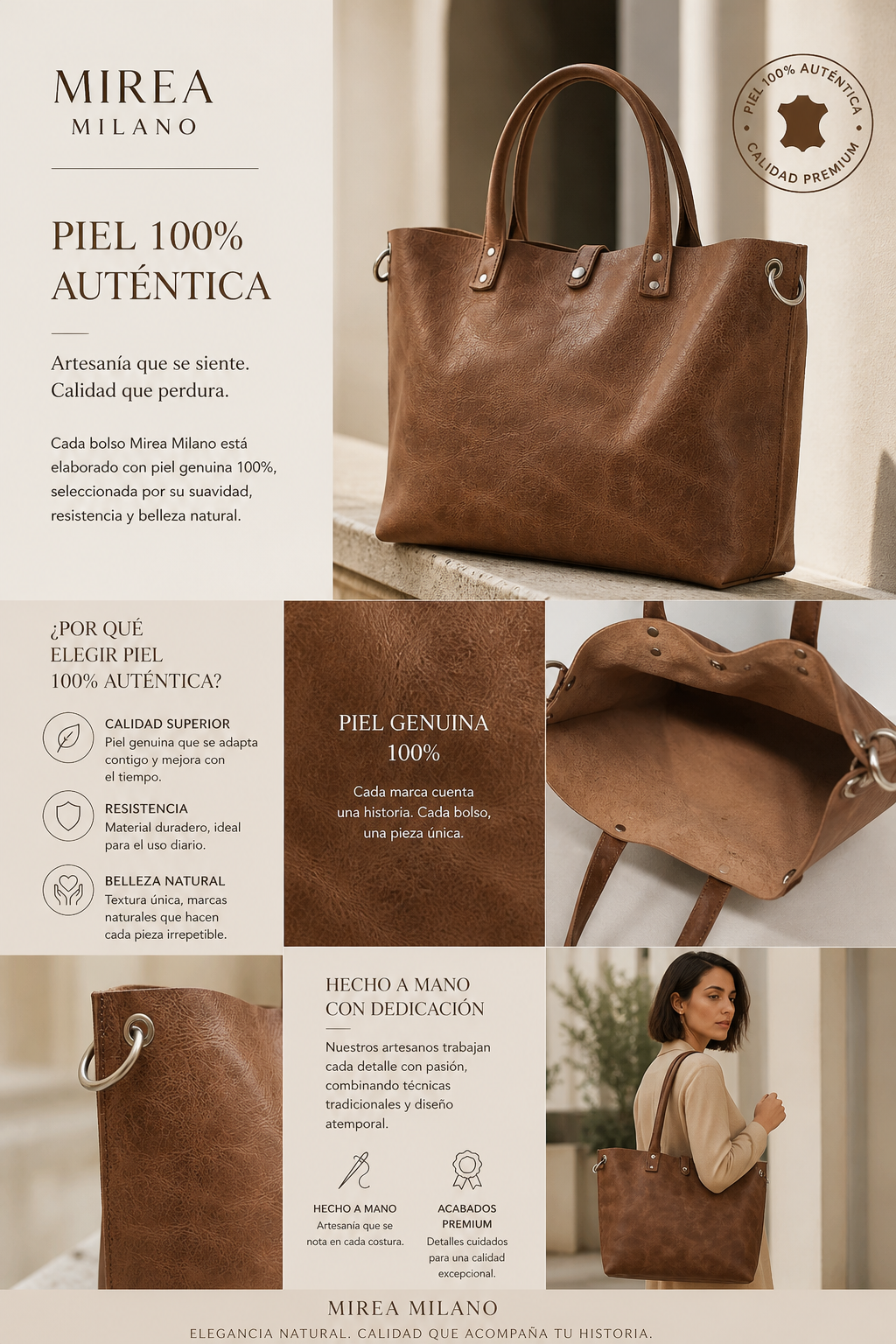 HELENA™ • Bolso Tote Piel Genuina Caramelo Correa Extraíble | Accesorios de Autor