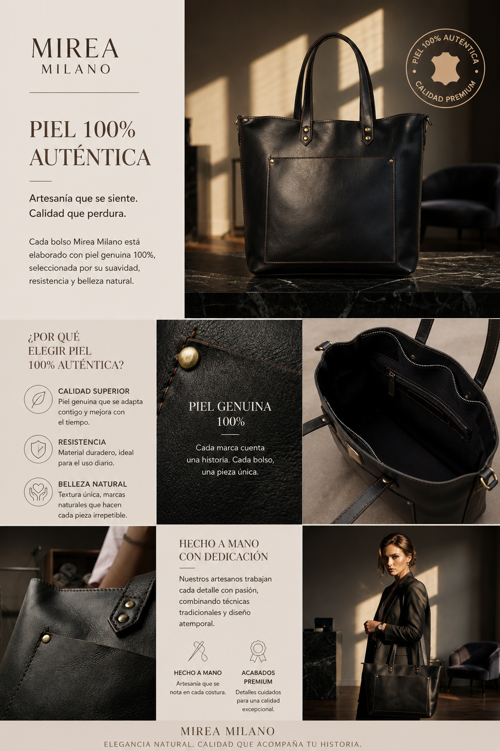 IRENE™ • Bolso Tote Piel Genuina Búfalo Cremallera Cabe Portátil | Accesorios de Autor