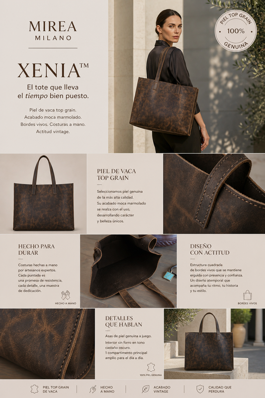 XENIA™ • Bolso Tote Piel Top Grain Acabado Moca Vintage | Accesorios de Autor