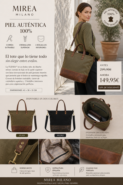 YLENIA™ • Bolso Tote Canvas y Piel Genuina Correa Extraíble | Accesorios de Autor